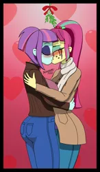 Size: 868x1486 | Tagged: safe, artist:sonork91, derpibooru import, sour sweet, sunny flare, human, equestria girls, ass, big breasts, blushing, breasts, busty sour sweet, busty sunny flare, butt, clothes, crying, derpibooru exclusive, eyes closed, eyeshadow, female, freckles, hug, image, jacket, jpeg, kissing, lesbian, makeup, mistletoe, running makeup, running mascara, scarf, shipping, sourflare, sunny flank, tears of joy, thighs