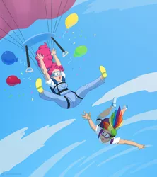 Size: 1155x1300 | Tagged: safe, artist:carnifex, derpibooru import, pinkie pie, rainbow dash, human, air ponyville, balloon, clothes, commission, goggles, harness, humanized, image, jpeg, overalls, parachute, skydiving, tack