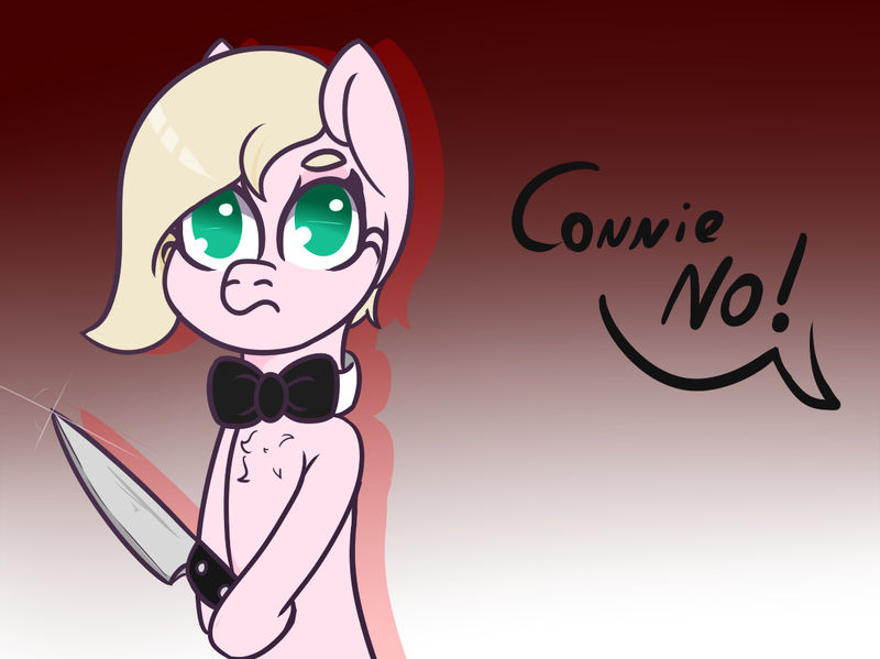 Size: 1189x891 | Tagged: safe, artist:lazerblues, derpibooru import, oc, oc:connie amore, earth pony, pony, bowtie, image, knife, png