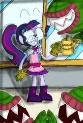 Size: 1280x1890 | Tagged: safe, artist:animeteor, derpibooru import, sci-twi, twilight sparkle, equestria girls, equestria girls series, my little shop of horrors, exclamation point, greenhouse, image, jpeg, little shop of horrors, plant, reference, scared, this will not end well, watering can