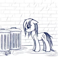 Size: 1024x1024 | Tagged: safe, artist:rainbow, derpibooru import, oc, unofficial characters only, earth pony, pony, image, jpeg, monochrome, rain, solo, trash can, wet