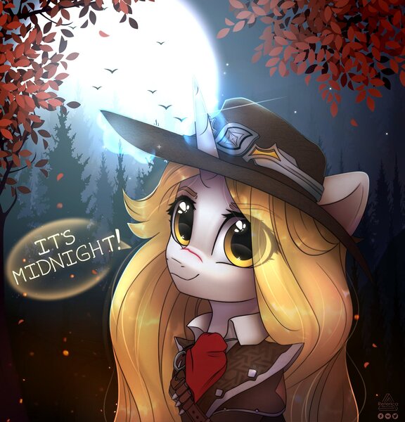 Size: 2016x2100 | Tagged: safe, artist:reterica, derpibooru import, oc, unofficial characters only, bird, pony, unicorn, bust, clothes, costume, cut, dialogue, eye clipping through hair, eyebrows visible through hair, female, forest, glowing horn, halloween, halloween costume, hat, holiday, horn, image, jpeg, magic, mare, moon, night, portrait, scenery, smiling at you, solo, tree, van helsing