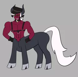 Size: 4518x4465 | Tagged: suggestive, artist:kyuubi68, derpibooru import, lord tirek, centaur, abs, bdsm, choker, cloven hooves, collar, gray background, grin, hands on hip, harness, hat, image, male, male nipples, muscles, muscular male, nose piercing, nose ring, nudity, piercing, png, simple background, smiling, solo, solo male, tack