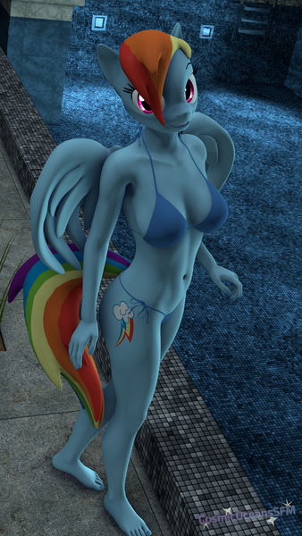 Size: 2160x3840 | Tagged: suggestive, artist:cosmicoceanssfm, derpibooru import, rainbow dash, anthro, pegasus, plantigrade anthro, 3d, belly button, bikini, breasts, clothes, female, image, looking at you, night, png, poolside, sfm pony, solo, solo female, source filmmaker, swimming pool, swimsuit