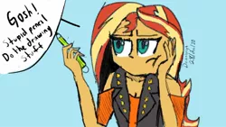 Size: 1280x720 | Tagged: safe, artist:dawnbrightglint, derpibooru import, sunset shimmer, equestria girls, art block, breasts, cleavage, image, jpeg, simple background, solo, sunset shimmer is not amused, unamused