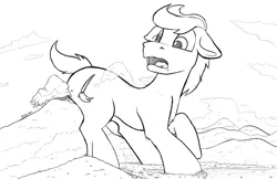 Size: 2500x1623 | Tagged: safe, artist:tsitra360, derpibooru import, oc, oc:city sweep, earth pony, pony, accident, bump, city, cityscape, giant earth pony, giant pony, image, jpeg, macro, mega giant, mountain, ocean, open mouth, shocked, shocked expression, sketch