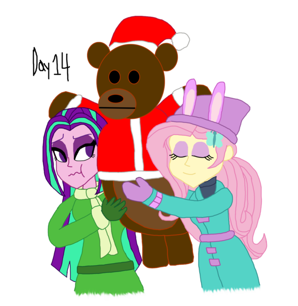 Size: 1280x1312 | Tagged: safe, artist:horroraceman93, derpibooru import, aria blaze, fluttershy, equestria girls, ariashy, clothes, female, image, lesbian, png, shipping, simple background, teddy bear, transparent background, winter outfit