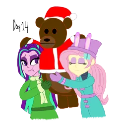 Size: 1280x1312 | Tagged: safe, artist:horroraceman93, derpibooru import, aria blaze, fluttershy, equestria girls, ariashy, clothes, female, image, lesbian, png, shipping, simple background, teddy bear, transparent background, winter outfit
