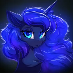 Size: 4000x4000 | Tagged: safe, artist:ask-colorsound, derpibooru import, princess luna, alicorn, pony, absurd resolution, black background, bust, chest fluff, colored pupils, ear fluff, image, jpeg, lidded eyes, looking at you, portrait, simple background, solo