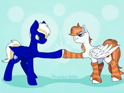Size: 2048x1536 | Tagged: safe, artist:incendiaryboobs, derpibooru import, oc, oc:electric blue, oc:milkyway mihay, unofficial characters only, pegasus, pony, boop, friendship, hoofbump, image, leg warmers, looking at each other, male, png, traditional art