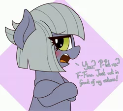Size: 3923x3523 | Tagged: safe, artist:mrneo, derpibooru import, limestone pie, earth pony, pony, angry, blushing, crossed arms, crossed hooves, cute, dialogue, image, jpeg, limabetes, limetsun pie, looking at you, madorable, solo, tsundere