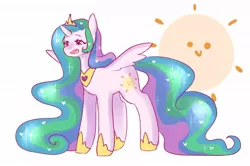 Size: 1024x680 | Tagged: safe, artist:penkiepuu, derpibooru import, princess celestia, alicorn, pony, cute, cutelestia, female, image, jpeg, large mane, long hair, long tail, simple background, solo, sun, white background