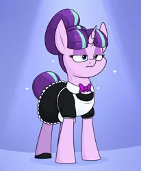 Size: 1400x1700 | Tagged: safe, artist:moonatik, derpibooru import, starlight glimmer, pony, unicorn, alternate hairstyle, apron, bowtie, clothes, dress, eyeshadow, female, hair bun, image, lights, maid, makeup, mare, png, shoes, skirt, solo, tail bun