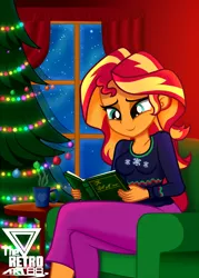 Size: 1800x2520 | Tagged: safe, artist:theretroart88, derpibooru import, sunset shimmer, equestria girls, book, breasts, chocolate, christmas, christmas lights, christmas ornament, christmas tree, cleavage, cute, food, holiday, hot chocolate, image, png, reading, shimmerbetes, snow, snowfall, solo, tree, window