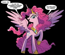 Size: 1382x1166 | Tagged: safe, derpibooru import, idw, pinkie pie, alicorn, pony, spoiler:comic57, alicornified, altered cutie mark, black background, evil grin, female, grin, horse shoes, image, jpeg, mare, pinkiecorn, princess of chaos, princess pinkie pie, race swap, simple background, smiling, solo, speech bubble, spread wings, wings, xk-class end-of-the-world scenario