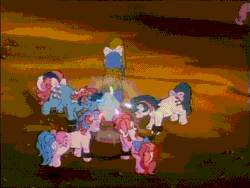 Size: 640x480 | Tagged: safe, derpibooru import, screencap, 4-speed, buttons (g1), fizzy, galaxy (g1), gusty, ribbon (g1), slugger, somnambula (g1), bird, bull, earth pony, human, pony, unicorn, my little pony 'n friends, somnambula (episode), age progression, animated, big brother ponies, broken, cage, canary, chains, crystal, defeated, female, g1, gif, image, kyrie, male, mare, old, quarterback (g1), running away, shattered, stallion, wagon, witch