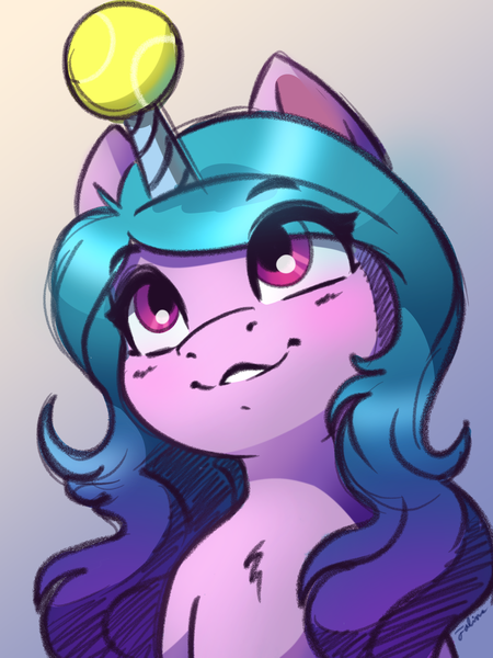 Size: 3000x4000 | Tagged: safe, artist:faline-art, derpibooru import, izzy moonbow, pony, unicorn, chest fluff, female, g5, gradient background, horn, horn guard, horn impalement, hornball, image, izzy's tennis ball, mare, png, solo, tennis ball