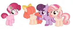 Size: 2347x959 | Tagged: safe, artist:strawberry-spritz, derpibooru import, oc, oc:peach pit, oc:pixie cut, oc:rosemarie, oc:slick back, dracony, dragon, earth pony, hybrid, pony, female, filly, image, interspecies offspring, magical lesbian spawn, offspring, parent:apple bloom, parent:babs seed, parent:diamond tiara, parent:scootaloo, parent:spike, parent:sweetie belle, parents:babsbelle, parents:diamondbloom, parents:scootaspike, png, simple background, white background