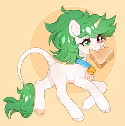 Size: 3383x3417 | Tagged: safe, artist:aphphphphp, derpibooru import, oc, oc:sugarstar, unofficial characters only, pony, unicorn, absurd resolution, bell, bell collar, bread, collar, food, image, png, simple background, solo