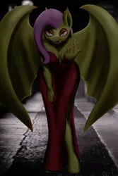 Size: 2000x3000 | Tagged: safe, artist:tunrae, derpibooru import, fluttershy, anthro, bat pony, unguligrade anthro, vampire, bat ponified, bat wings, beckoning, bedroom eyes, clothes, come hither, dress, female, flutterbat, image, lineless, png, race swap, red dress, solo, stock image, tongue out, wings