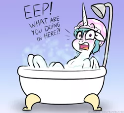 Size: 541x495 | Tagged: safe, artist:banebuster, derpibooru import, princess celestia, alicorn, series:tiny tia, bath, bathing, bathtub, blushing, bubble, chest fluff, claw foot bathtub, cute, cutelestia, embarrassed, hat, image, jpeg, looking at you, open mouth, shower cap, startled, talking to viewer, we don't normally wear clothes