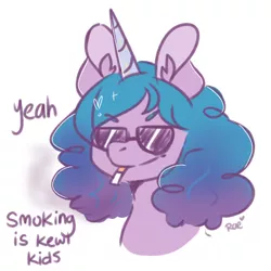 Size: 768x768 | Tagged: safe, artist:deadharp00ns, derpibooru import, izzy moonbow, pony, unicorn, cigarette, dialogue, female, g5, glasses, image, png, smoking, solo, this will end in cancer