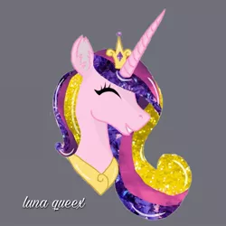 Size: 1080x1080 | Tagged: safe, artist:luna.queex, derpibooru import, princess cadance, alicorn, pony, bust, crown, ear fluff, ethereal mane, eyelashes, eyes closed, female, gray background, grin, horn, image, jewelry, jpeg, mare, peytral, regalia, signature, simple background, smiling, solo, starry mane