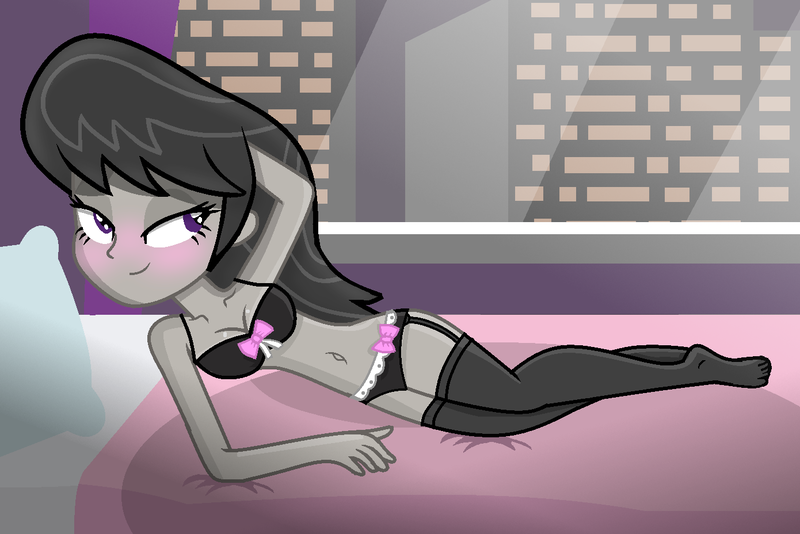 Size: 1390x928 | Tagged: suggestive, artist:grapefruitface1, derpibooru import, octavia melody, equestria girls, base used, bed, bedroom, bedroom eyes, blushing, breasts, cleavage, clothes, curtains, female, frilly underwear, image, lingerie, looking to side, png, seductive pose, socks, solo, stockings, thigh highs, underwear, window