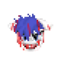 Size: 800x800 | Tagged: semi-grimdark, artist:ragedox, derpibooru import, oc, oc:isaac pony, earth pony, pony, blood, bloody, blue mane, doom, earth pony oc, image, looking at you, male, maniac, pixel art, png, simple background, smiling, smiling at you, solo, teeth, transparent background, white skin