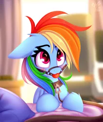 Size: 1201x1415 | Tagged: suggestive, artist:omi, derpibooru import, rainbow dash, pegasus, pony, ballgag, bed, bedroom, blushing, bridle, collar, cute, daaaaaaaaaaaw, dashabetes, dashsub, female, femsub, gag, happy bondage, image, leash, pet play, pet-dash, png, solo, subdorable, submissive, tack, wings