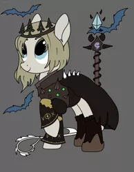 Size: 1728x2232 | Tagged: safe, artist:elberas, artist:forest, derpibooru import, oc, oc:night blizzard, unofficial characters only, bat, earth pony, pony, cloak, clothes, crown, eyeshadow, female, gray background, hoof shoes, image, jewelry, makeup, mare, png, raised hoof, regalia, shirt, simple background, socks, solo, staff, viking
