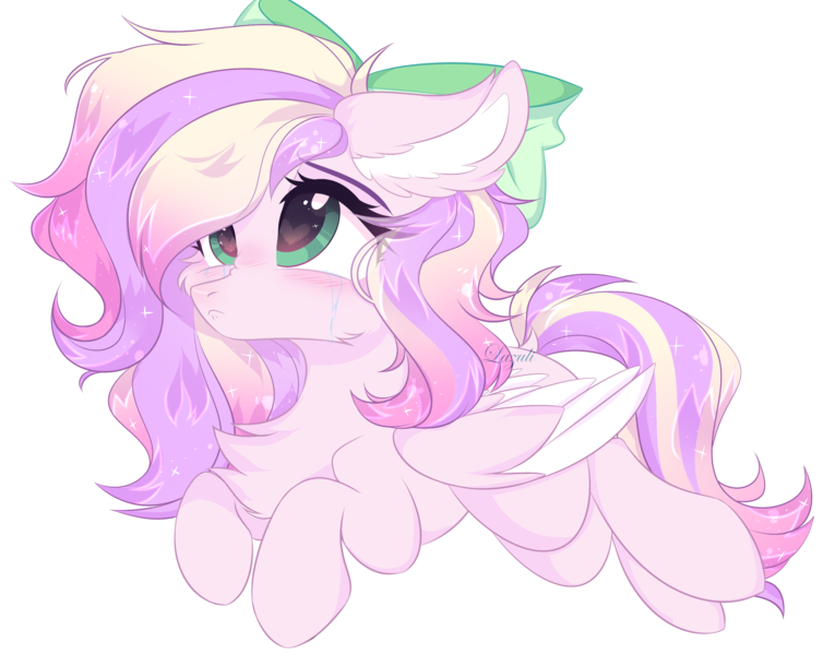 Size: 2634x2096 | Tagged: safe, artist:lazuli0209, derpibooru import, oc, oc:iridescent flings, unofficial characters only, pegasus, pony, bow, chest fluff, commission, hair bow, heart eyes, image, lying down, pegasus oc, png, prone, signature, simple background, solo, transparent background, wingding eyes, wings, ych result