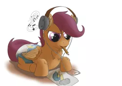 Size: 5016x3541 | Tagged: suggestive, alternate version, artist:db, derpibooru import, scootaloo, pegasus, pony, chest fluff, diaper, diaper fetish, drawing, fetish, headphones, image, lying down, mouth hold, music, pencil, png, prone, pullup (diaper), solo, underhoof