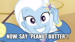 Size: 667x374 | Tagged: safe, derpibooru import, edit, edited screencap, screencap, trixie, human, do it for the ponygram!, equestria girls, equestria girls series, spoiler:eqg series (season 2), caption, cute, diatrixes, female, image, image macro, imgflip, jpeg, looking at you, solo, teeth, text, that human sure does love peanut butter crackers