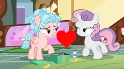 Size: 1280x716 | Tagged: safe, derpibooru import, edit, edited screencap, screencap, cozy glow, sweetie belle, pegasus, pony, unicorn, marks for effort, cozybelle, female, filly, heart, image, lesbian, png, shipping, shipping domino, sugarcube corner