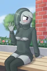Size: 3132x4726 | Tagged: suggestive, artist:irisarco, derpibooru import, marble pie, anthro, earth pony, bench, blushing, boob window, breasts, brick wall, clothes, cloud, cutie mark, day, embarrassed, female, floppy ears, flower, grin, hair over one eye, image, looking away, nervous, nervous grin, open-chest sweater, outdoors, png, sitting, sky, smiling, socks, solo, solo female, stockings, sweater, thigh highs, underboob, watermark, waving