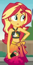 Size: 322x621 | Tagged: safe, derpibooru import, screencap, sunset shimmer, equestria girls, equestria girls series, x marks the spot, belly button, bikini, clothes, cropped, food, geode of empathy, image, magical geodes, midriff, png, sarong, sleeveless, solo, sushi, swimsuit