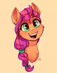 Size: 1707x2182 | Tagged: safe, artist:kaleido-art, derpibooru import, sunny starscout, earth pony, pony, :d, bust, cheek fluff, female, g5, image, open mouth, orange background, png, portrait, simple background, solo, sunnybetes
