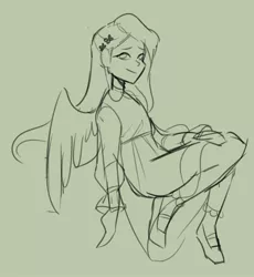 Size: 1080x1174 | Tagged: safe, artist:cinnavee, derpibooru import, fluttershy, human, clothes, dress, female, green background, humanized, image, jpeg, lineart, monochrome, shoes, simple background, sitting, smiling, solo, winged humanization, wings