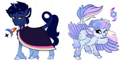 Size: 1024x512 | Tagged: safe, artist:loryska, derpibooru import, oc, oc:indigo sky, oc:ipomoea (loryska), unofficial characters only, pegasus, pony, unicorn, chest fluff, cloak, clothes, cloven hooves, cutie mark, ear fluff, fangs, female, image, jpeg, leonine tail, magical lesbian spawn, male, mare, offspring, one eye closed, parent:trixie, parent:twilight sparkle, parents:twixie, siblings, stallion, tongue out, two toned wings, unshorn fetlocks, wings, wink