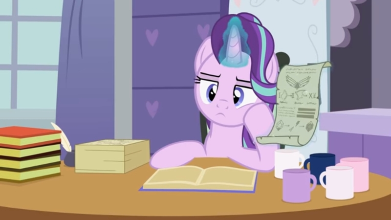 Size: 1280x720 | Tagged: safe, artist:agrol, derpibooru import, starlight glimmer, book, bored, choose your wings, desk, hoof on chin, image, jpeg, scroll