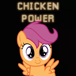 Size: 5000x5000 | Tagged: safe, derpibooru import, scootaloo, pegasus, black background, chicken power, cute, cutealoo, derpibooru exclusive, error, glitch, image, png, scootachicken, simple background, solo, text