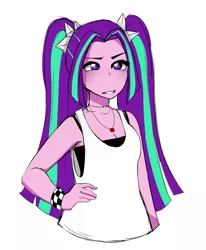 Size: 1243x1507 | Tagged: safe, artist:screebs, derpibooru import, aria blaze, equestria girls, ariabetes, breasts, cleavage, clothes, cute, female, image, jewelry, multicolored hair, necklace, pigtails, png, purple eyes, simple background, sleeveless, solo, twintails, white background, wristband