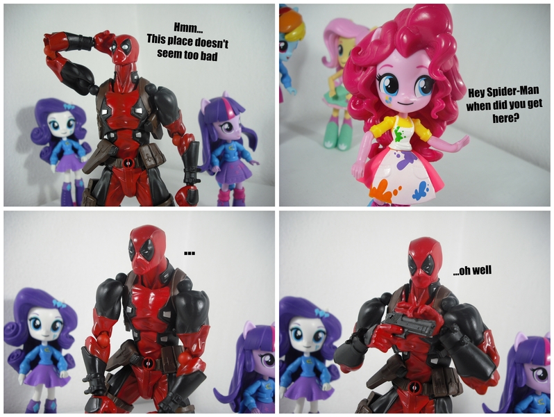 Size: 5987x4499 | Tagged: safe, artist:krisanderson97, derpibooru import, fluttershy, pinkie pie, rainbow dash, rarity, twilight sparkle, equestria girls, deadpool, doll, equestria girls minis, eqventures of the minis, gun, handgun, image, irl, jpeg, photo, pistol, this will end in death, this will end in tears, this will end in tears and/or death, toy, weapon