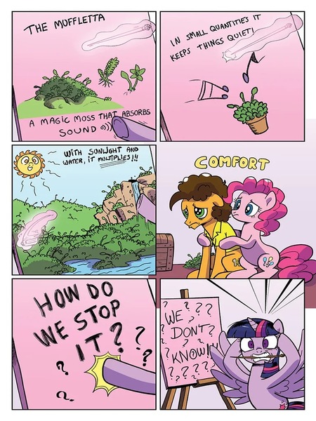 Size: 768x1024 | Tagged: safe, artist:pencils, derpibooru import, idw, cheese sandwich, pinkie pie, twilight sparkle, twilight sparkle (alicorn), alicorn, earth pony, pony, spoiler:comic, spoiler:comic95, bipedal, comforting, duo, female, freakout, image, jpeg, lake, male, mare, mouth hold, muffuleta, preview, sad, season 10, sitting, stallion, sun, twilighting, unsound effect, waterfall