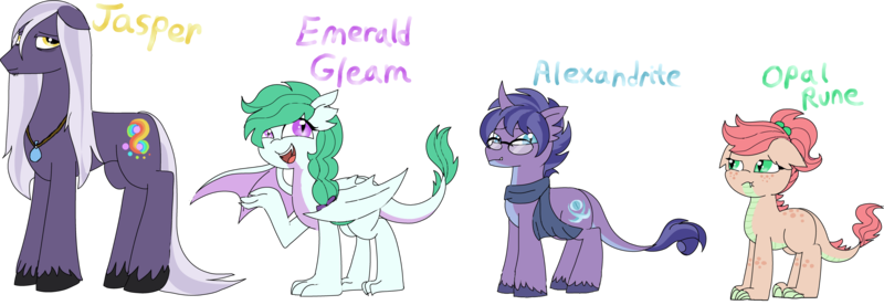 Size: 4167x1439 | Tagged: safe, artist:purfectprincessgirl, derpibooru import, oc, oc:alexandrite, oc:emerald gleam, oc:jasper, oc:opal rune, unofficial characters only, dracony, earth pony, hybrid, pony, unicorn, adopted offspring, clothes, female, freckles, glasses, image, interspecies offspring, jewelry, male, mare, necklace, offspring, one wing out, parent:rarity, parent:spike, parents:sparity, png, scarf, siblings, simple background, stallion, transparent background, unshorn fetlocks, wings