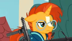 Size: 1920x1080 | Tagged: semi-grimdark, derpibooru import, sunburst, pony, unicorn, the parent map, clothes, falling down (film), glasses, gun, gym bag, image, male, png, robe, stallion, sunburst is not amused, tec-9, unamused, weapon, william 'd-fens' foster