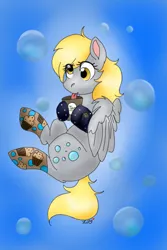 Size: 400x600 | Tagged: safe, artist:triscuit-cafe, derpibooru import, derpy hooves, pegasus, pony, :p, bubble, clothes, female, food, image, jpeg, mare, muffin, socks, solo, tongue out