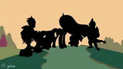 Size: 1280x720 | Tagged: safe, derpibooru import, applejack, fluttershy, pinkie pie, rainbow dash, rarity, spike, twilight sparkle, twilight sparkle (alicorn), alicorn, dragon, earth pony, pegasus, pony, unicorn, happy birthday mlp:fim, image, mane six, minimalist, mlp fim's tenth anniversary, modern art, older, older applejack, older fluttershy, older mane six, older pinkie pie, older rainbow dash, older rarity, older spike, older twilight, png, silhouette, the magic of friendship grows, winged spike