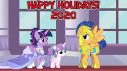 Size: 2064x1161 | Tagged: safe, artist:not-yet-a-brony, derpibooru import, flash sentry, princess flurry heart, twilight sparkle, twilight sparkle (alicorn), alicorn, the last problem, armor, aunt and niece, auntie twilight, canterlot castle, christmas, clothes, coronation dress, cute, dress, family, female, flashlight, flurrybetes, have yourself a merry little christmas, hearth's warming, heartwarming, holiday, image, knight, looking at each other, lyrics in the description, male, new year, older, older flurry heart, png, princess, reunion, royal guard armor, second coronation dress, shipping, smiling, straight, uncle flash, youtube link, youtube link in the description